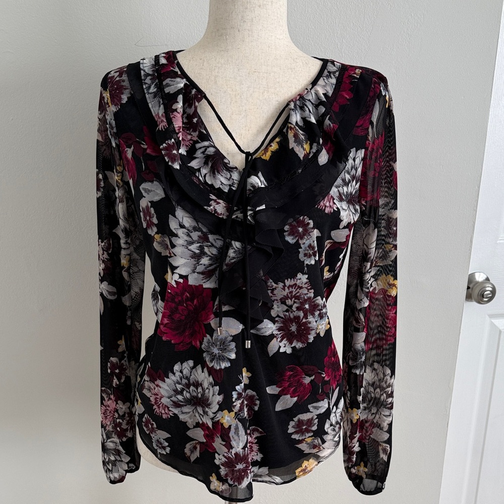 White House Black Market Floral Ruffle Blouse - Black and dark Pink sheer arms
